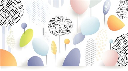 A whimsical composition of abstract organic shapes, dots, and lines in soft pastel hues against a white background.