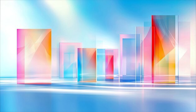 Rectangular prisms in various sizes and colors are arranged in a row, reflecting light and creating an abstract, modern composition.