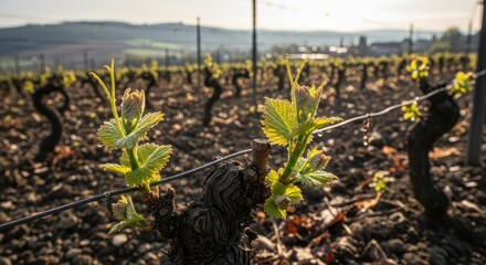 Close-up of early grapevine growth in a vineyard under the morning sun
