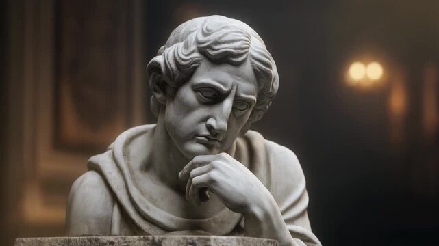 Marble sculpture of a pensive man with hand on chin, evoking classical thought and timeless wisdom