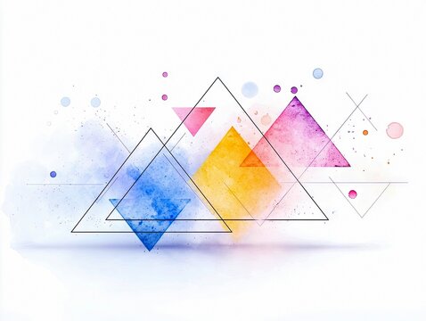A composition of overlapping watercolor triangles in blue, yellow, pink, and purple, with thin black geometric lines and scattered dots.