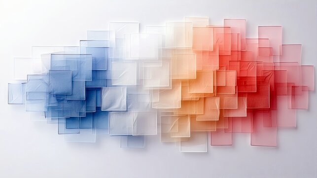 A collection of translucent square shapes arranged in a gradient from blue to orange to red, creating an abstract pattern.