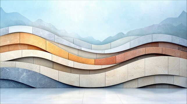A modern, abstract wall design featuring undulating layers of stone tiles in various colors and textures, set against a serene sky and mountain landscape.