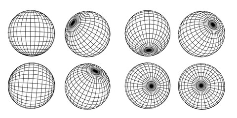 8 Spherical Grid Wireframe Set &ndash; 3D Globe Lines, Geometric Sphere Mesh Illustration