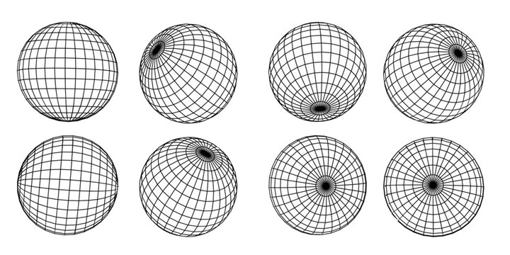 8 Spherical Grid Wireframe Set &ndash; 3D Globe Lines, Geometric Sphere Mesh Illustration