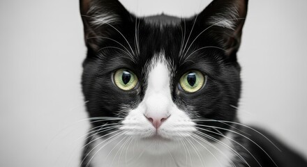 Close-up portrait of a bicolor domestic cat with mesmerizing green eyes and elegant white whiskers