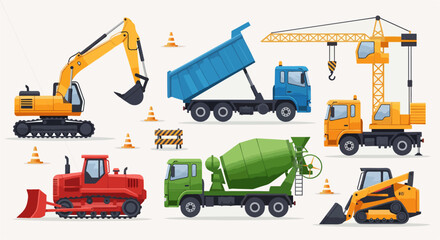 Construction equipment set with various heavy machines on a white background