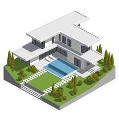 Modern architectural design of a luxurious residential house with swimming pool.
