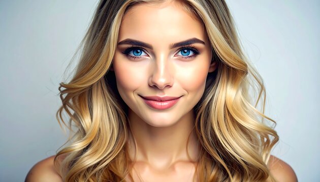 A vibrant portrait of a young woman with radiant blue eyes, flowing blonde hair, and a gentle smile