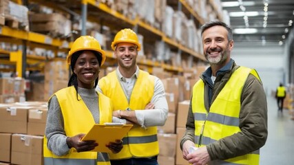 Warehouse Team's Assurance: A vibrant team of warehouse staff stands together, exuding a sense of confidence and competence amidst a bustling warehouse filled with inventory.