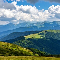 A scenic vista shows rolling, verdant hills giving way to distant, majestic peaks under a bright, partly cloudy sky