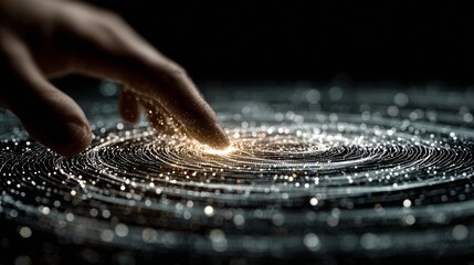 Fingertip igniting a swirling galaxy of digital data points, symbolizing innovation and connection in a futuristic concept