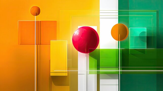A vibrant abstract composition featuring overlapping geometric shapes like spheres and rectangles in shades of orange, yellow, red, and green.