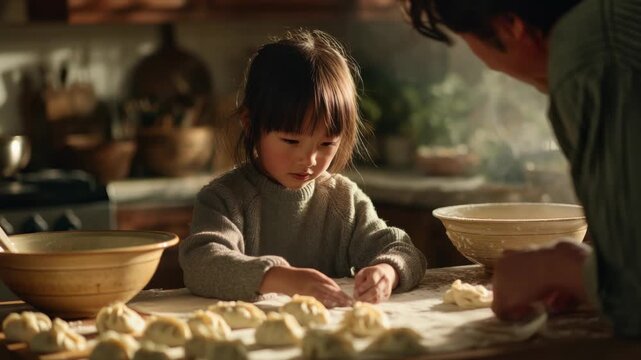 Cute little girl making dumplings with her father in a cozy kitchen
