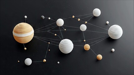 A stylized representation of a network or system, composed of various sized spheres connected by thin threads and small golden beads on a dark, textured surface