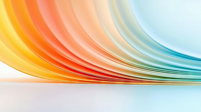 A close-up abstract view of curved paper sheets transitioning from warm yellow and orange tones to cool blue and green hues.