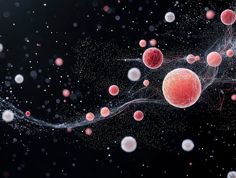A dark, abstract scene featuring a network of interconnected red and white spheres and numerous small particles.