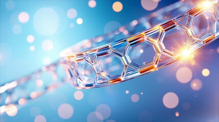 A close-up, abstract view of a transparent, hexagonal lattice structure with glowing orange light emanating from within, set against a blurred blue background w
