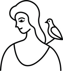 Woman with bird line art transparent background