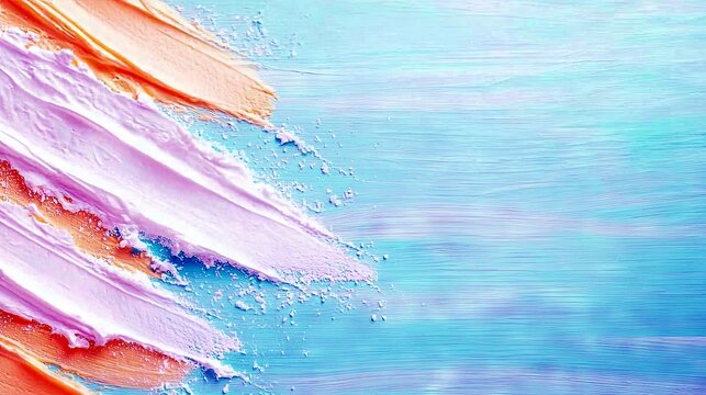 Thick, textured strokes of pastel orange, pink, and lavender paint are applied diagonally across a textured blue surface, creating an abstract artistic backgrou