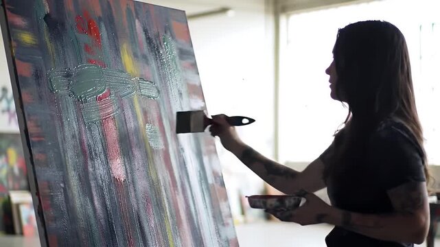 Creative Spirit in Action: A dedicated artist brings her vision to life, working on a large canvas with passionate strokes and vivid colors. Capturing the moment of artistic creation