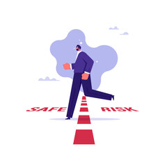 Obraz premium Out of risk zone move to safe zone concept, business man walking cross the line