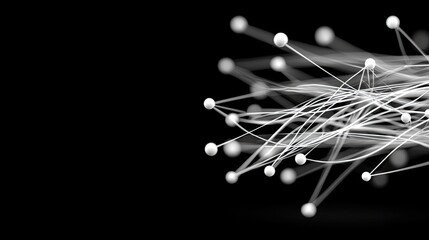 A complex network of white spheres connected by thin, translucent lines creates an abstract pattern against a solid black background.
