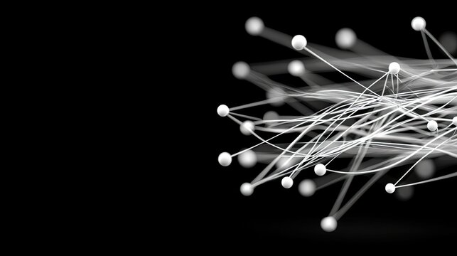 A complex network of white spheres connected by thin, translucent lines creates an abstract pattern against a solid black background.