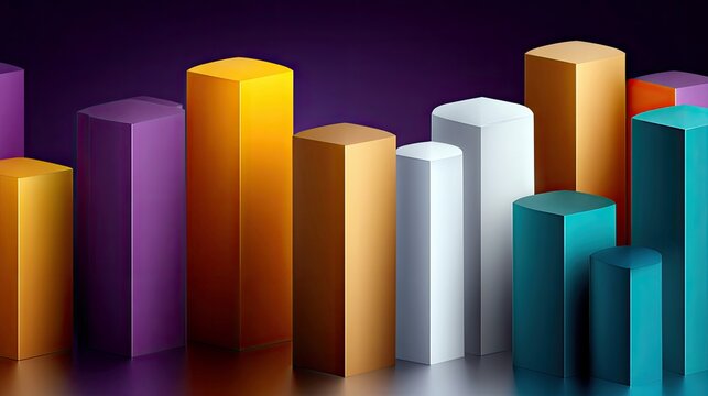 A collection of colorful, abstract geometric pillars stand in varying heights, resembling a bar chart, against a dark purple backdrop.