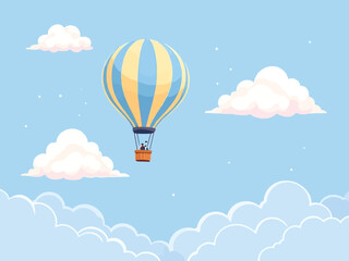 Fototapeta premium Cute pastel hot air balloon floating in the sky with fluffy blue clouds. Soft flat illustration style perfect for kids themes, posters, nursery decor, and playful designs
