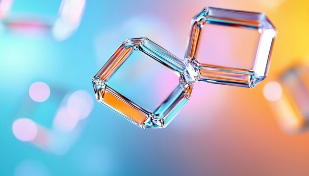 Clear geometric glass shapes with colorful light reflections and bokeh effects, creating an abstract and modern visual.