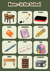 A Vibrant Collection of Essential School Supplies and Classroom Objects, Illustrated for Educational Learning and Teaching Materials in Elementary Settings
