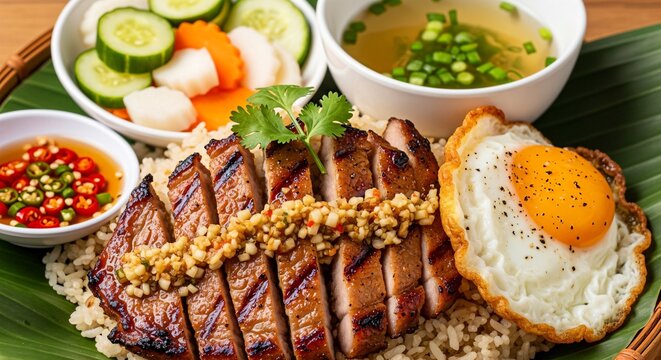 Cambodian bai sach chrouk grilled pork with broken rice and pickled veggies two.