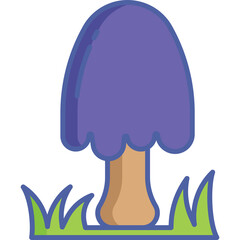 Stylized Purple Mushroom with Tan Stem and Green Grass on Transparent Background Simple Vector Illustration