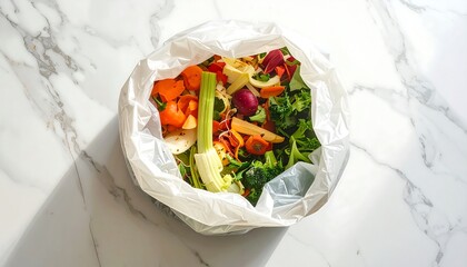 Food waste in a plastic bag on a marble surface.