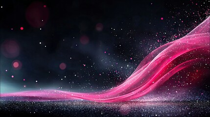 A flowing pink wave of light and shimmering particles moves across a dark, textured surface with bokeh lights in the background.