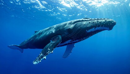 A majestic humpback whale swims gracefully underwater, illuminated by sunlight filtering through the ocean surface. The aquatic scene is serene