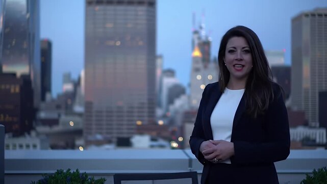 young business newsreader woman in city backdrop