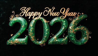 Sophisticated emerald green resin Happy New Year 2026 text with gold flakes and rose gold vine patterns