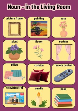 Vibrant educational poster for children, illustrating common living room nouns and vocabulary, ideal for learning everyday household objects and basic English language skills