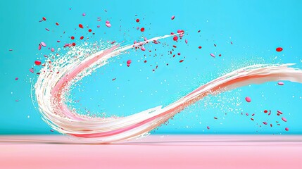 A dynamic splash of white and pink liquid, possibly paint or cream, arcs across a bright blue background, with scattered red confetti adding a festive touch.