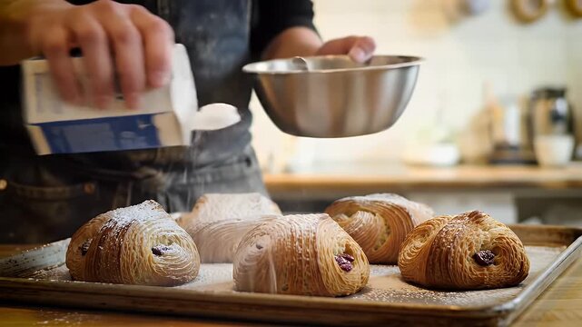 Sweet Croissants: A baker elegantly dusts freshly baked croissants with a delicate veil of powdered sugar, adding a touch of sweetness to the delicious pastry.