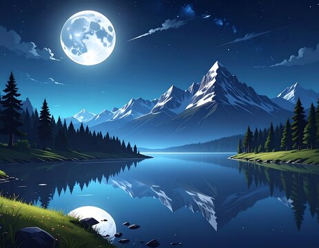 A serene moonlit landscape features a mountain range reflecting in a calm lake, with surrounding pines and a starry night sky