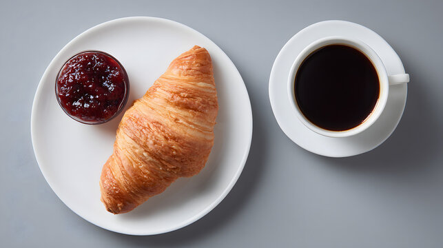 Croissant and jam on a white plate with coffee on a light gray background. Illustration of a breakfast menu background.