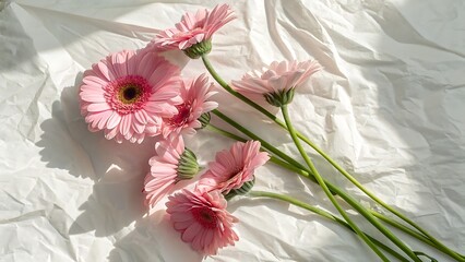 A bouquet of pink gerbera daisies lies on a white crumpled sheet, casting soft shadows in the gentle light of a sunny day