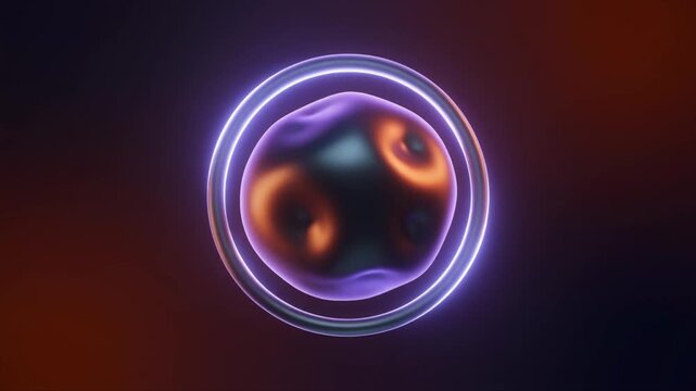 A glowing abstract orb with swirling purple and orange patterns surrounded by neon rings on a dark background.