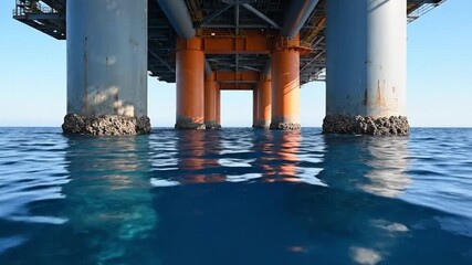 Underwater perspective of offshore platform pillars rising from clear blue ocean creating strong industrial marine engineering visual aesthetic