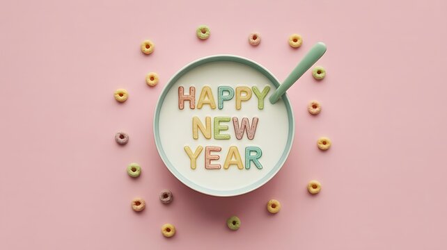 Happy new year cereal loops in milk bowl with spoon top view flat lay - Powered by Adobe