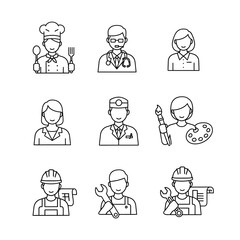 Diverse professionals icons chef doctor artist engineer builder showcasing varied careers and essential services for modern business presentations and concepts