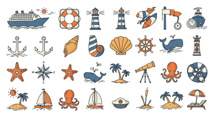 nautical and beach flat line art icons illustrating sea travel ocean elements and coastal holidays great for summer designs.